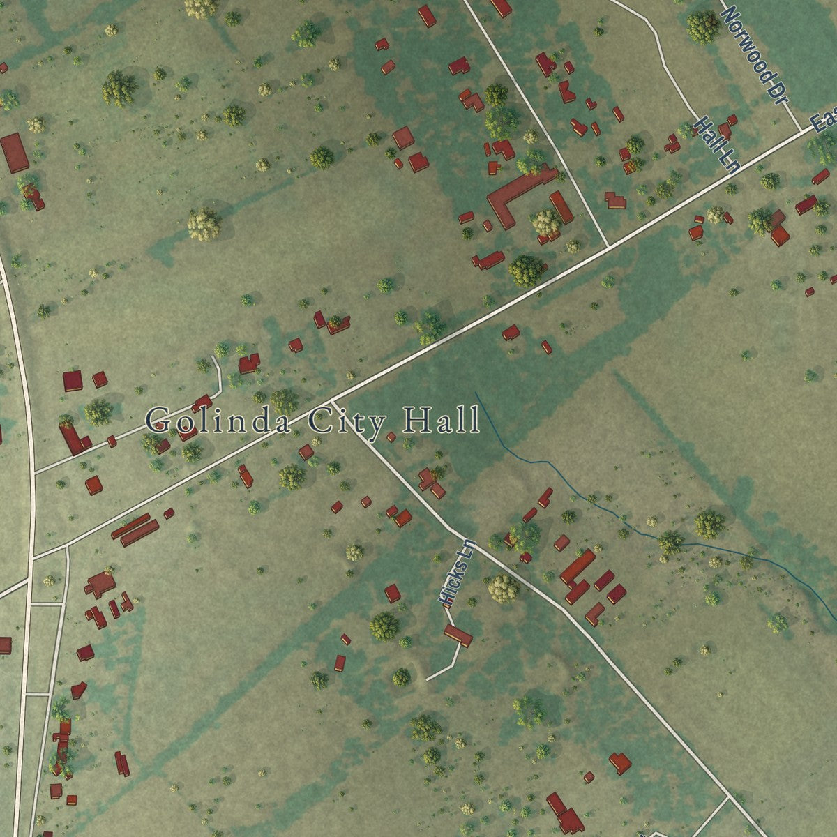 Close-up of the map of Golinda, Texas print showing street and building detail