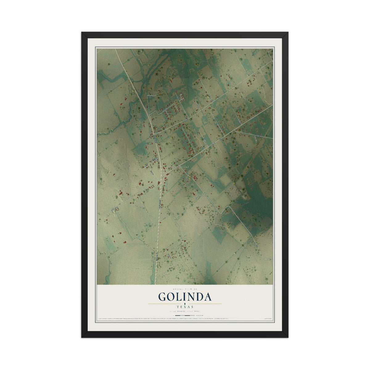 Map of Golinda, Texas, 12 x 18 inch print in a black wood frame