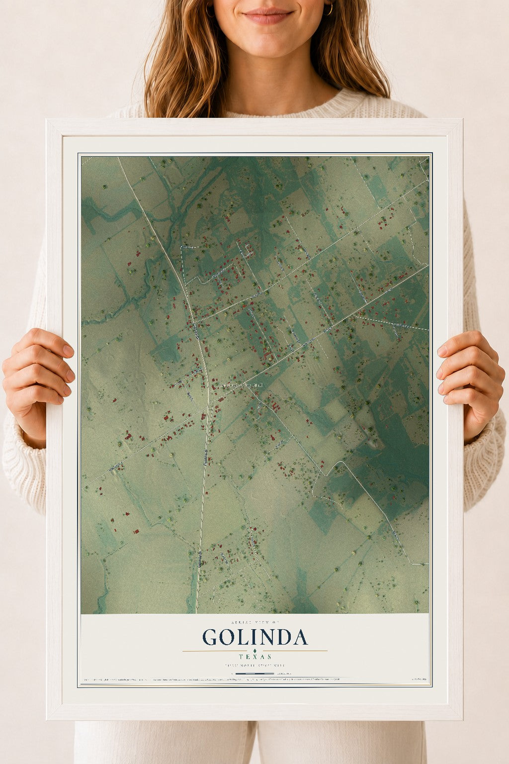 Map of Golinda, Texas, 18 x 24 inch print in a white wood frame