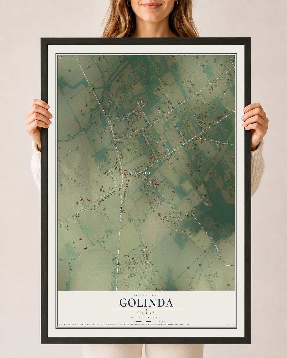 Map of Golinda, Texas, 24 x 36 inch print in a black wood frame