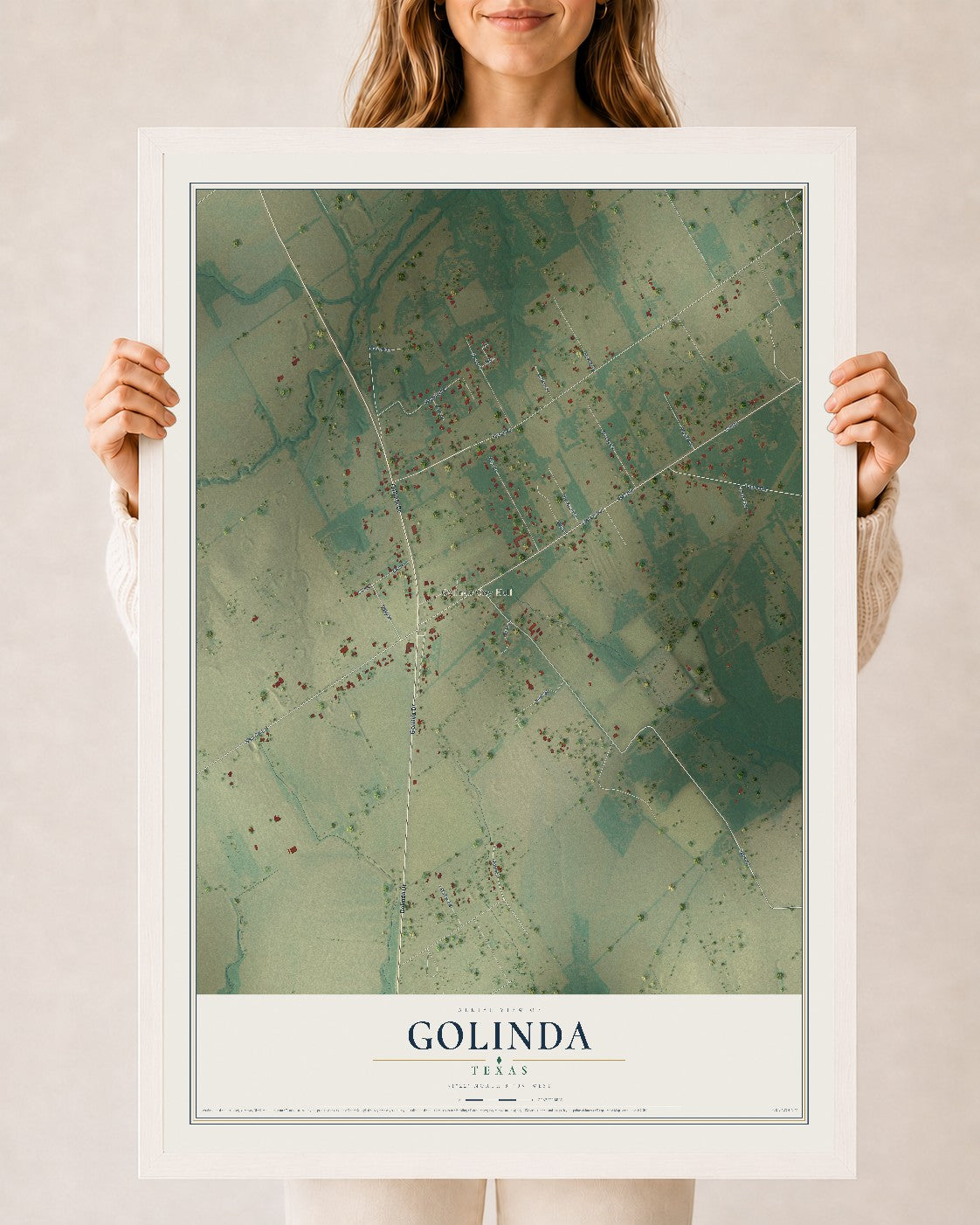 Map of Golinda, Texas, 24 x 36 inch print in a white wood frame