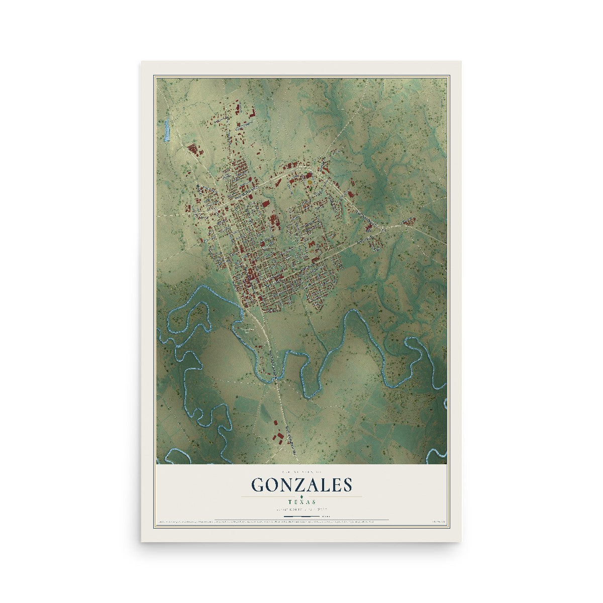 Map of Gonzales, Texas, 12 x 18 inch unframed archival matte print