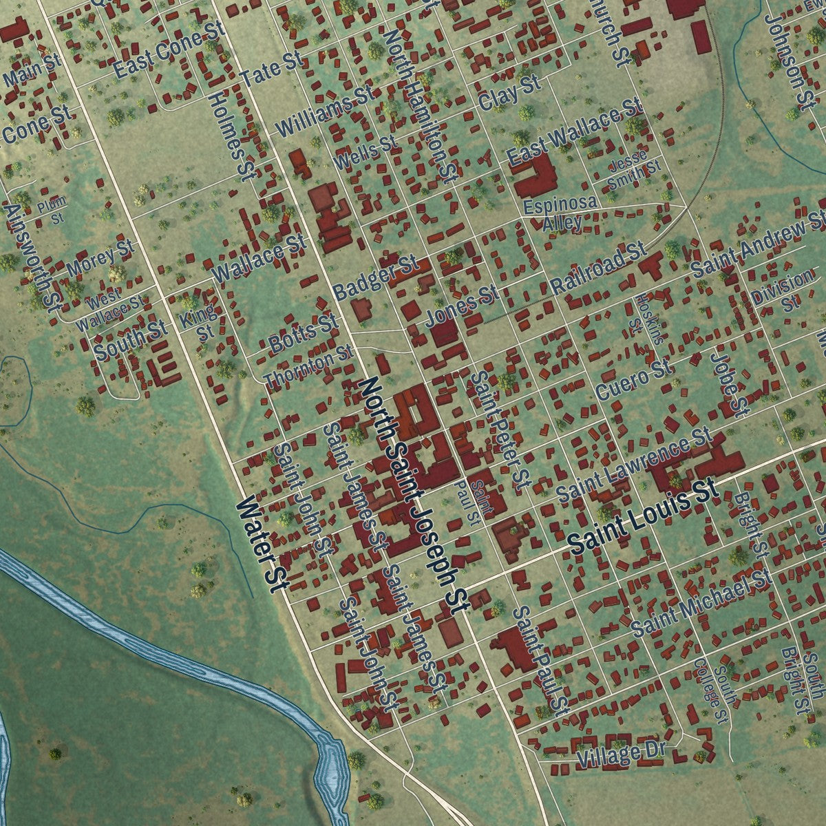 Close-up of the map of Gonzales, Texas print showing street and building detail