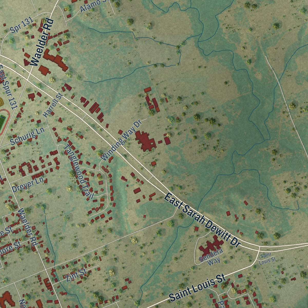 Second close-up of the map of Gonzales, Texas print showing more streets and buildings