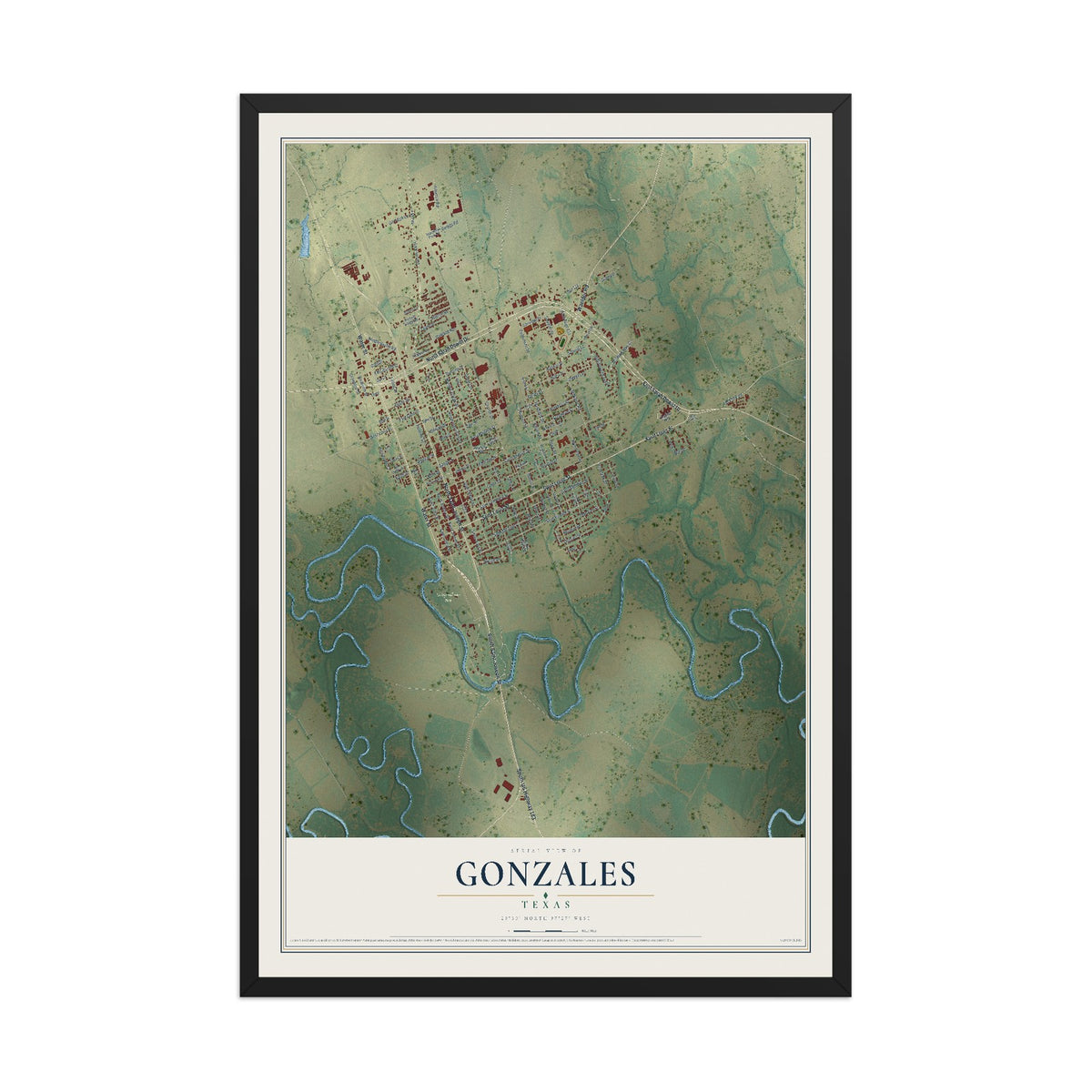 Map of Gonzales, Texas, 12 x 18 inch print in a black wood frame