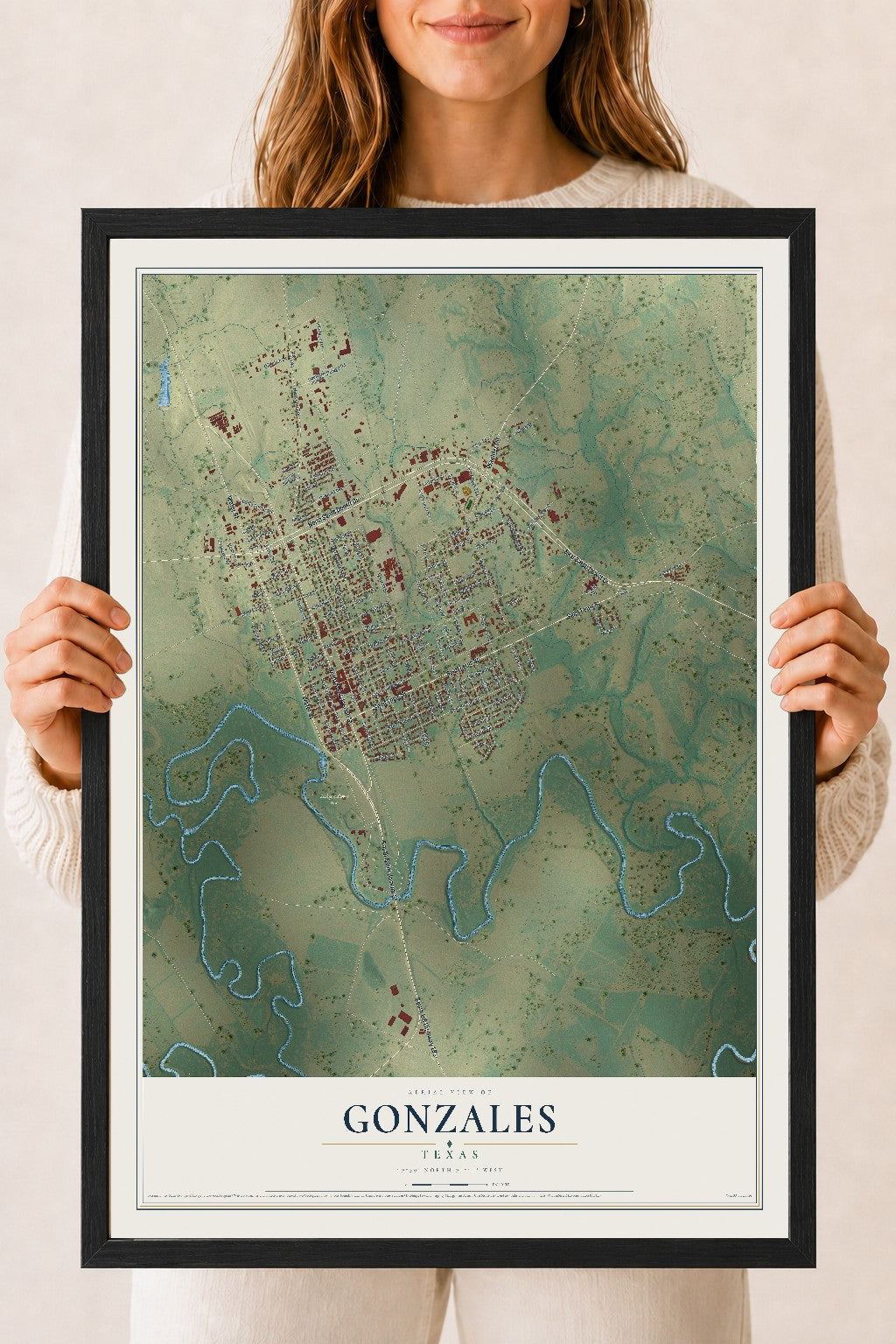 Map of Gonzales, Texas, 18 x 24 inch print in a black wood frame