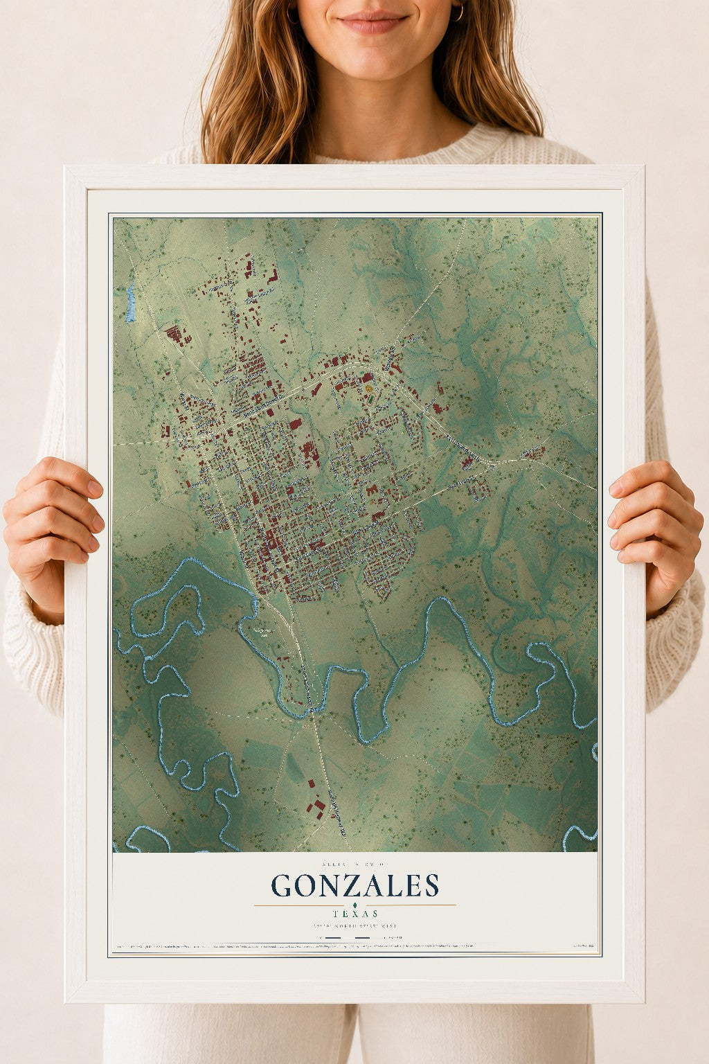 Map of Gonzales, Texas, 18 x 24 inch print in a white wood frame
