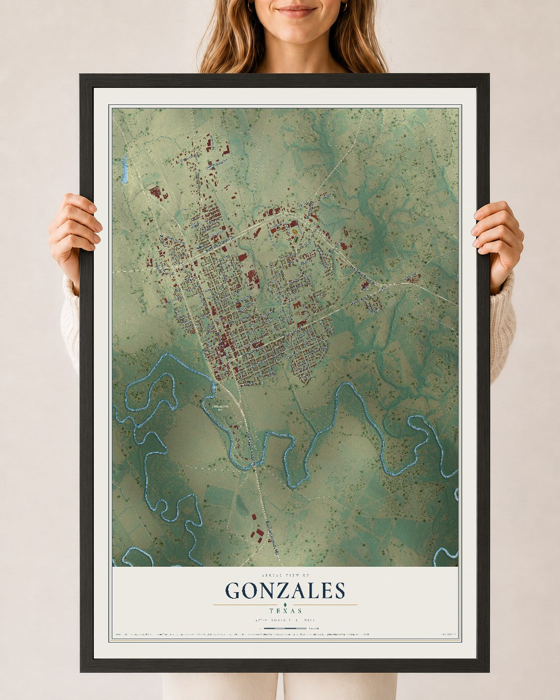 Map of Gonzales, Texas, 24 x 36 inch print in a black wood frame