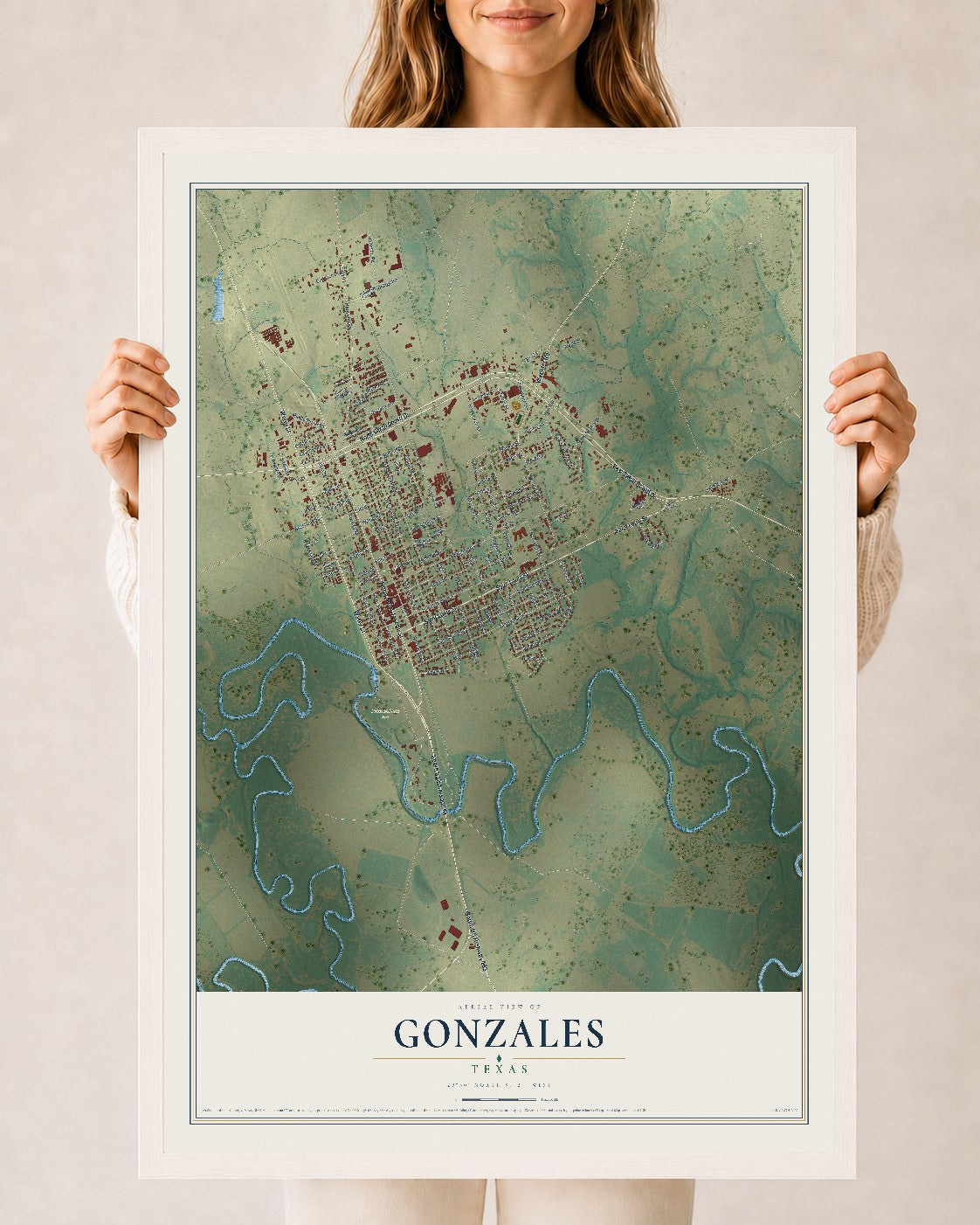 Map of Gonzales, Texas, 24 x 36 inch print in a white wood frame