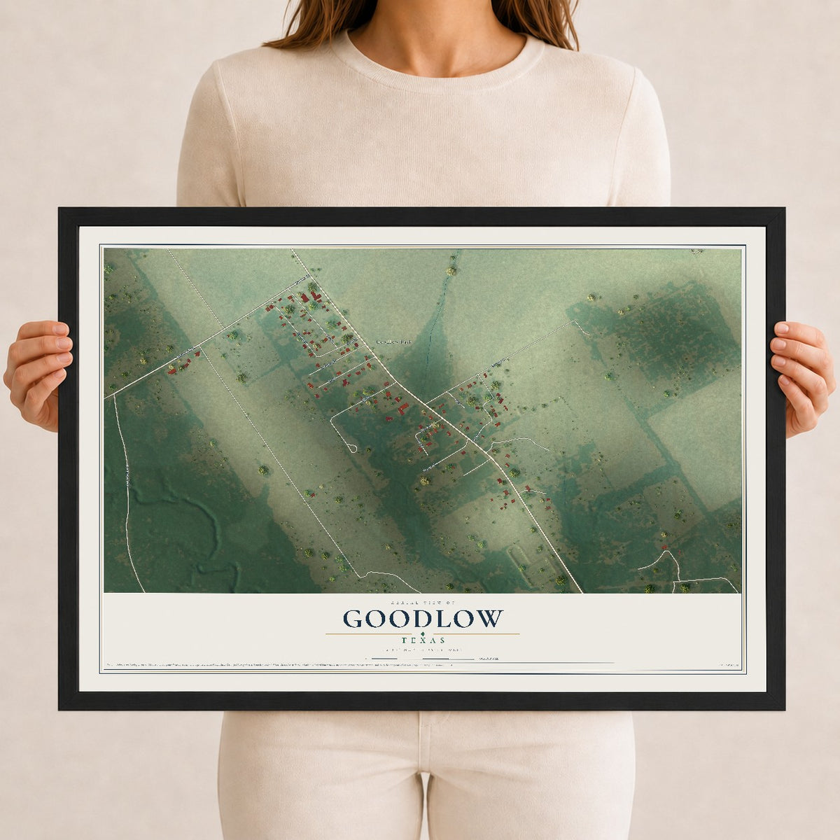 Map of Goodlow, Texas, 12 x 18 inch print in a black wood frame