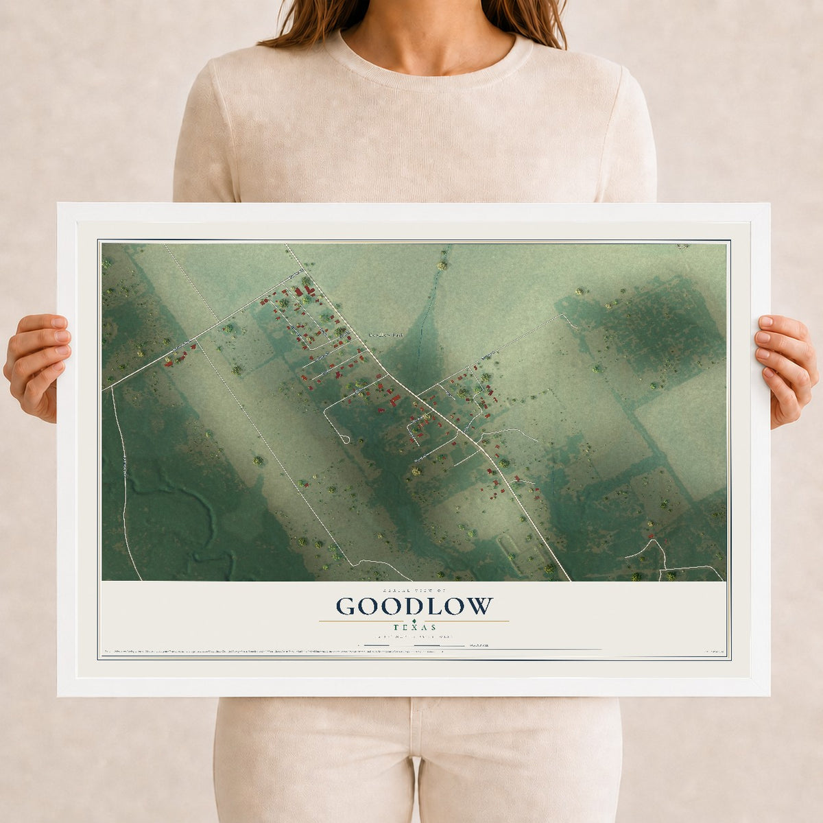 Map of Goodlow, Texas, 12 x 18 inch print in a white wood frame