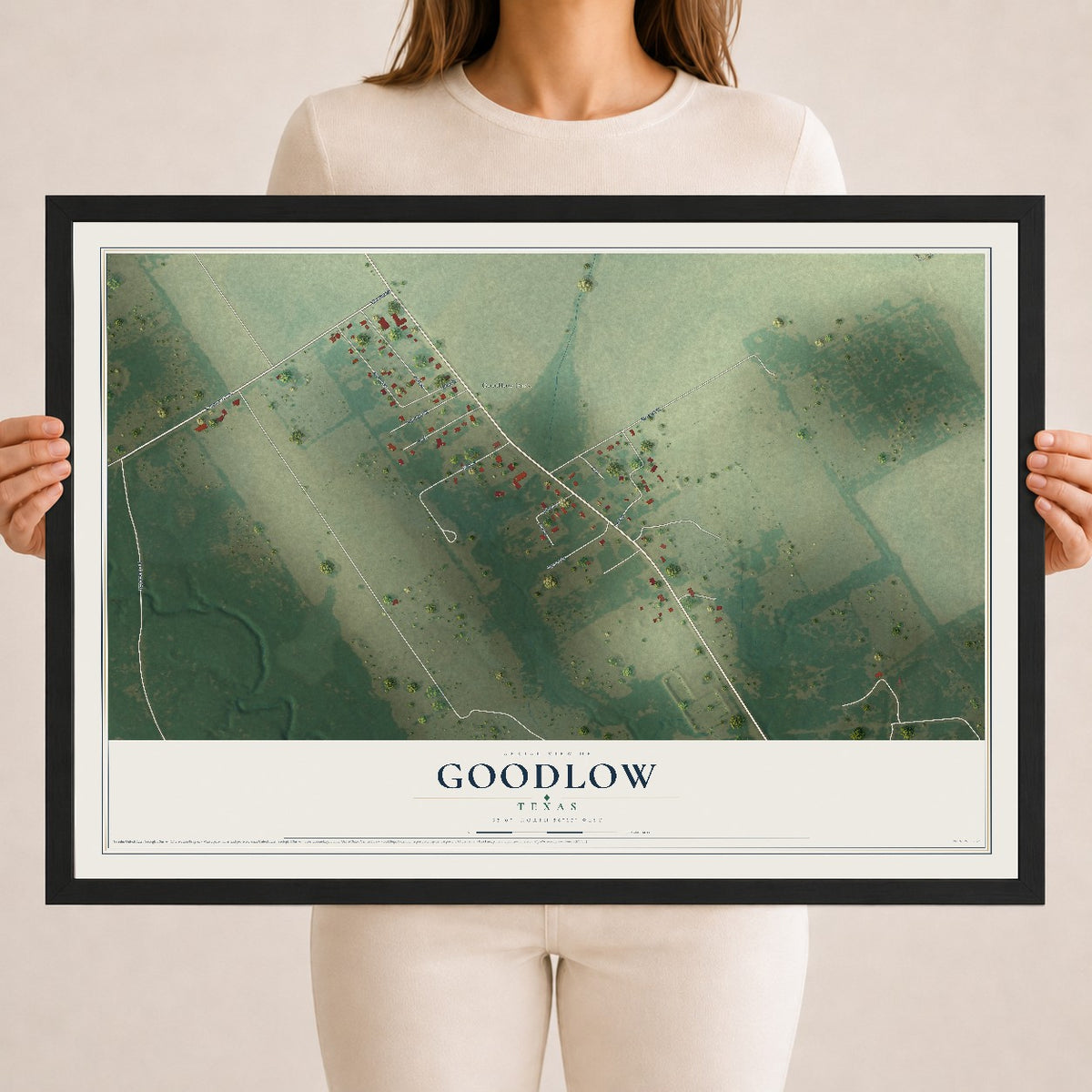 Map of Goodlow, Texas, 18 x 24 inch print in a black wood frame