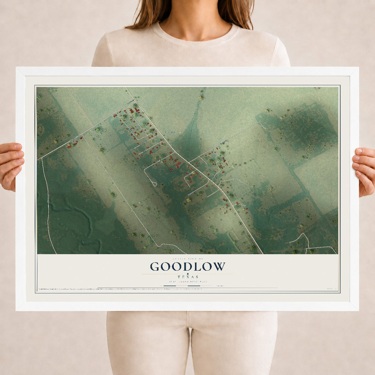 Map of Goodlow, Texas, 18 x 24 inch print in a white wood frame