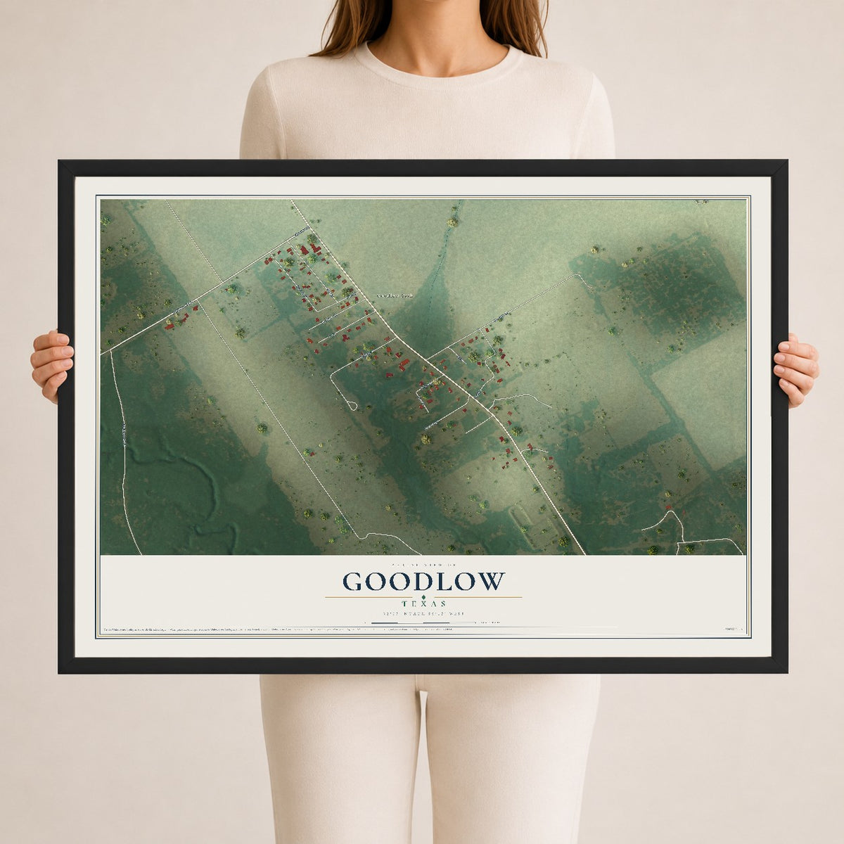 Map of Goodlow, Texas, 24 x 36 inch print in a black wood frame