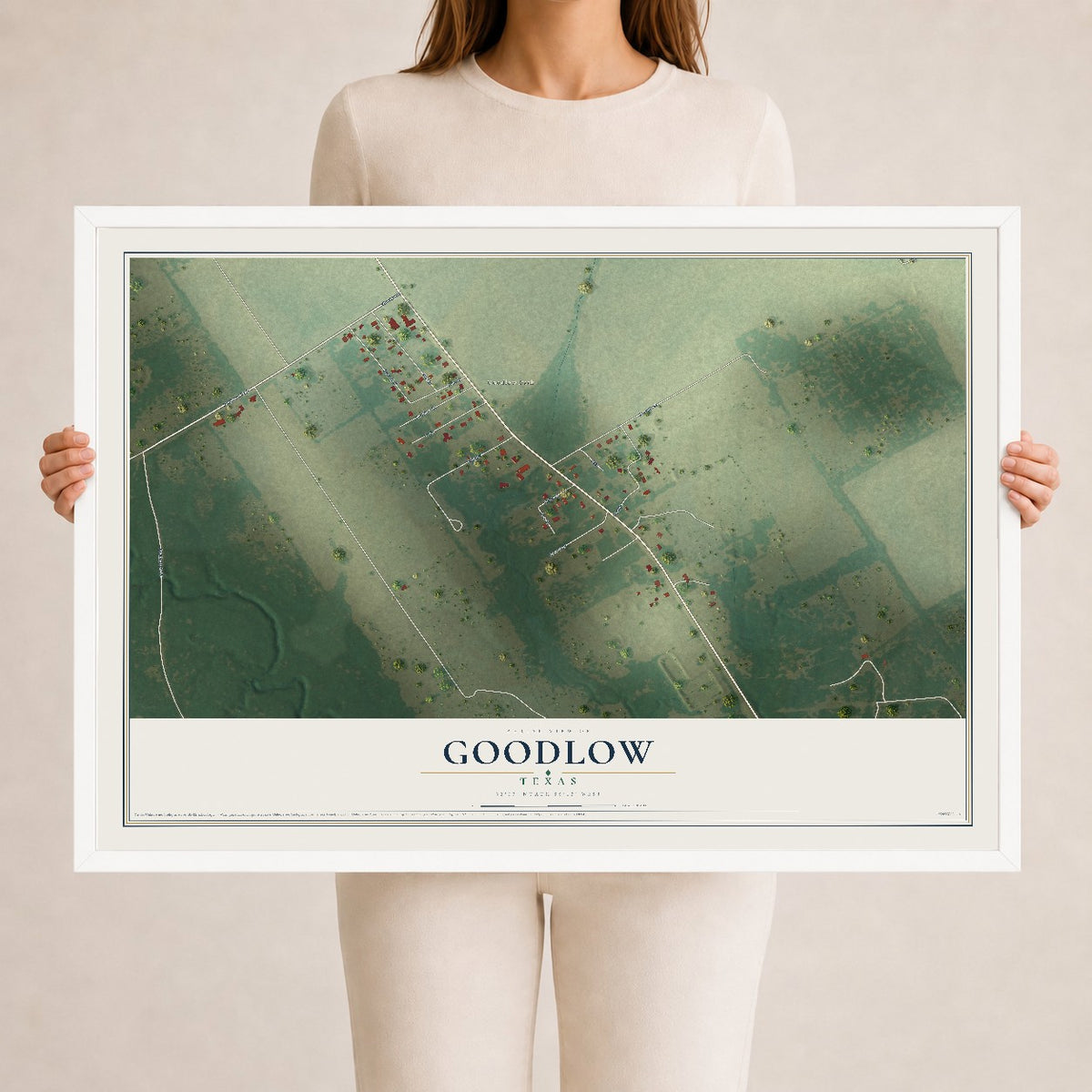 Map of Goodlow, Texas, 24 x 36 inch print in a white wood frame