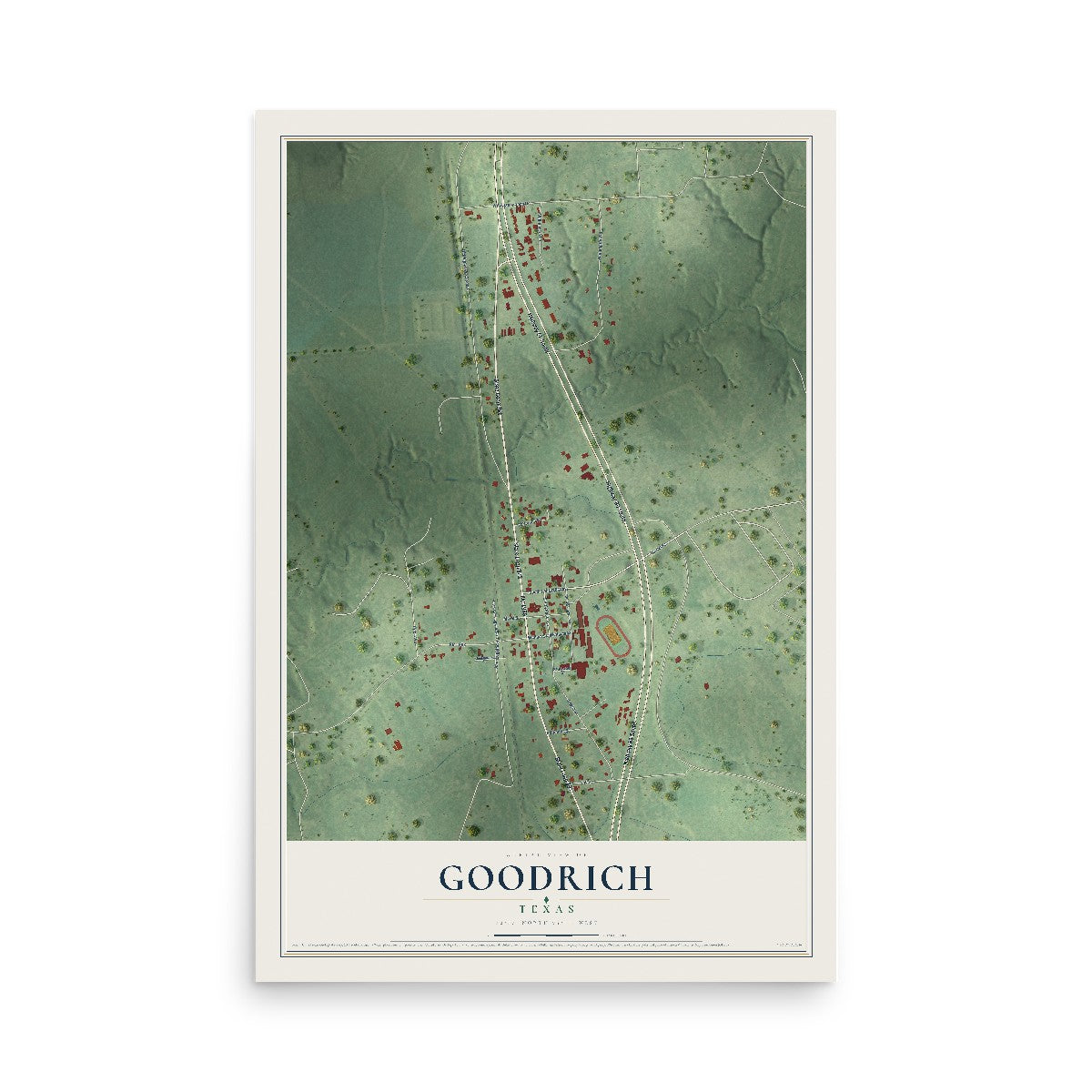 Map of Goodrich, Texas, 12 x 18 inch unframed archival matte print