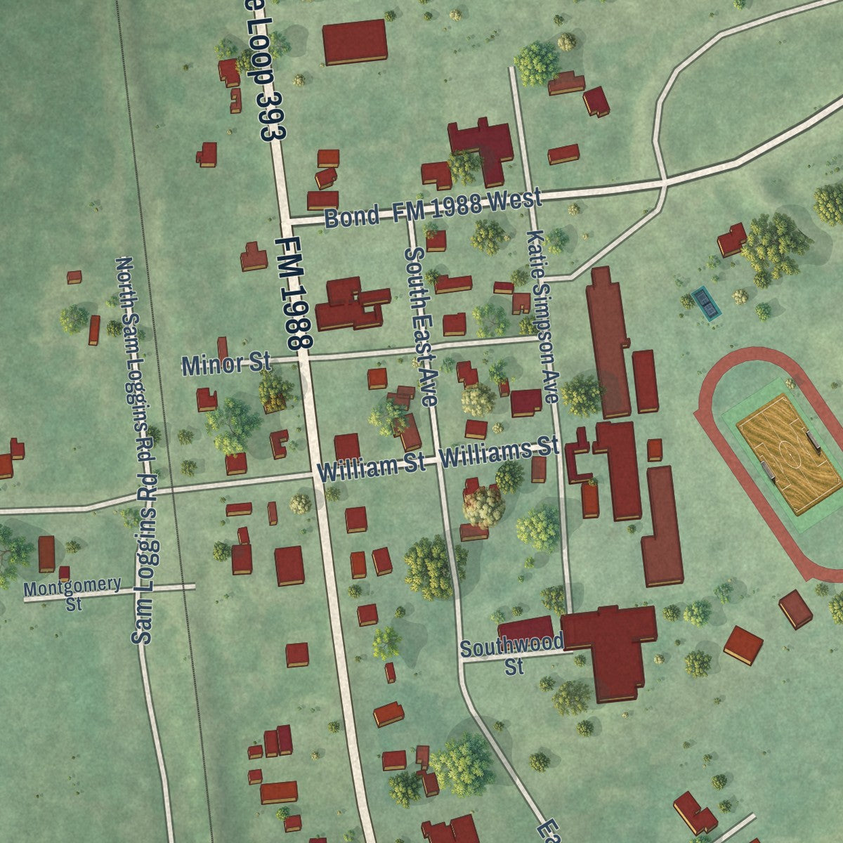 Close-up of the map of Goodrich, Texas print showing street and building detail