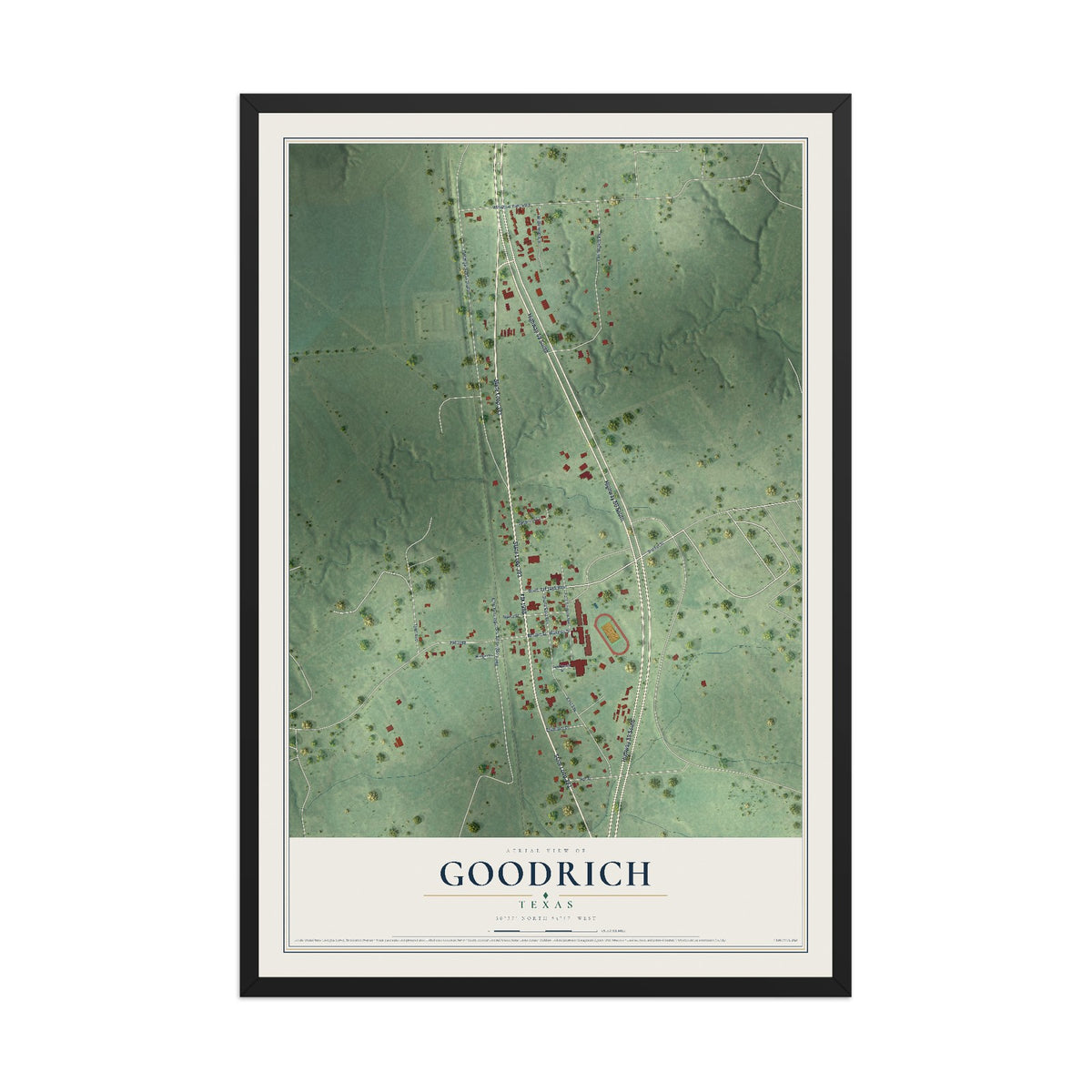 Map of Goodrich, Texas, 12 x 18 inch print in a black wood frame