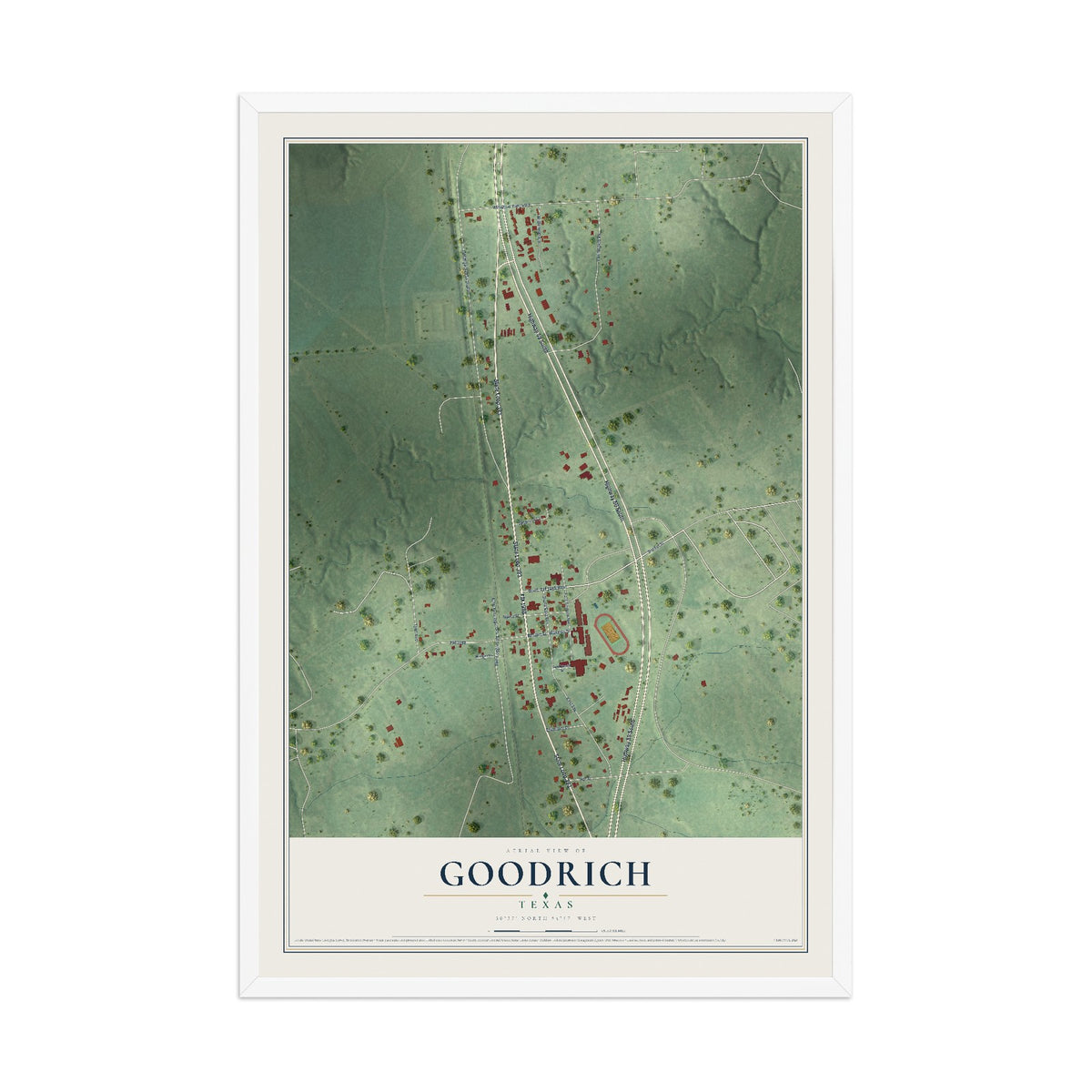 Map of Goodrich, Texas, 12 x 18 inch print in a white wood frame
