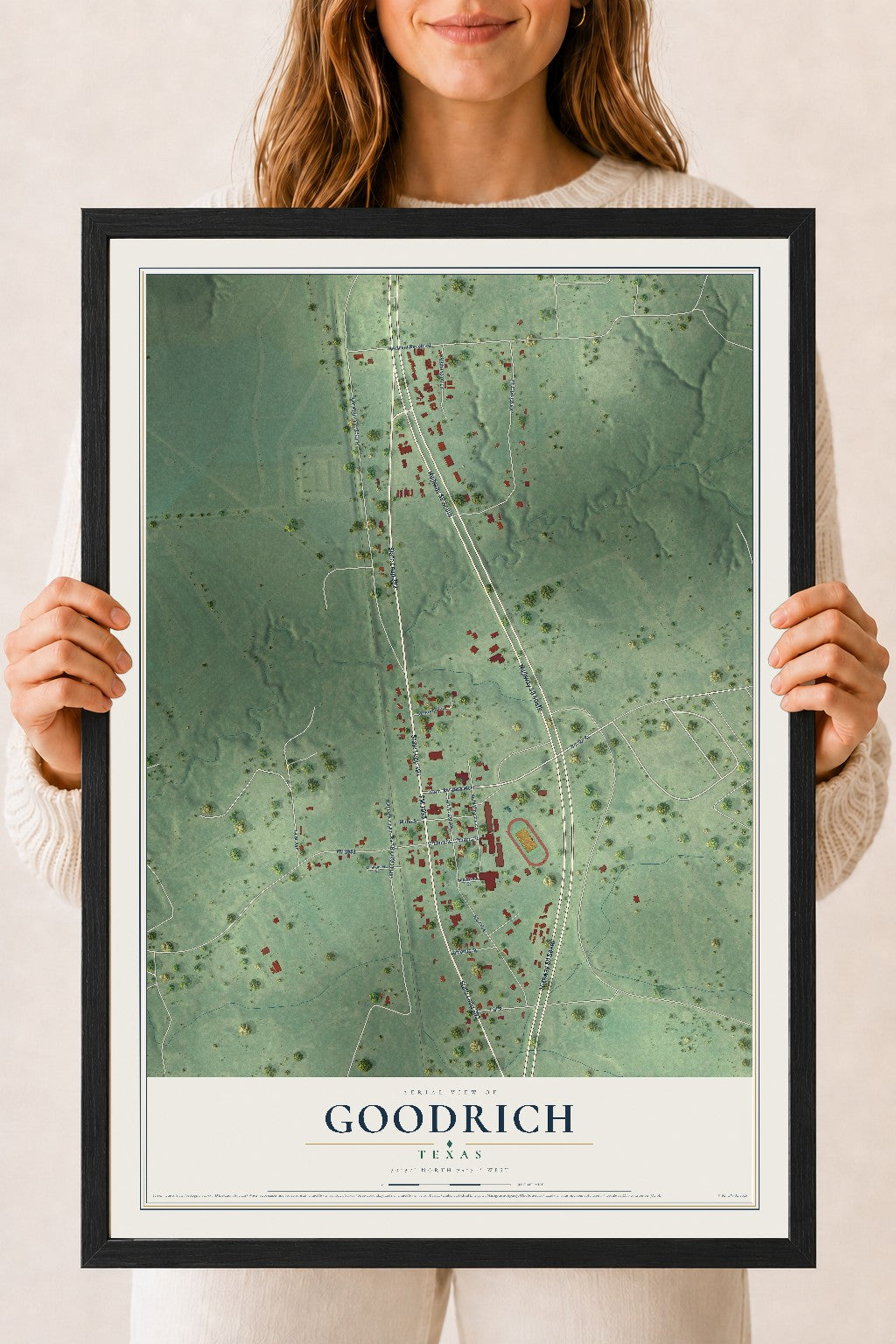 Map of Goodrich, Texas, 18 x 24 inch print in a black wood frame