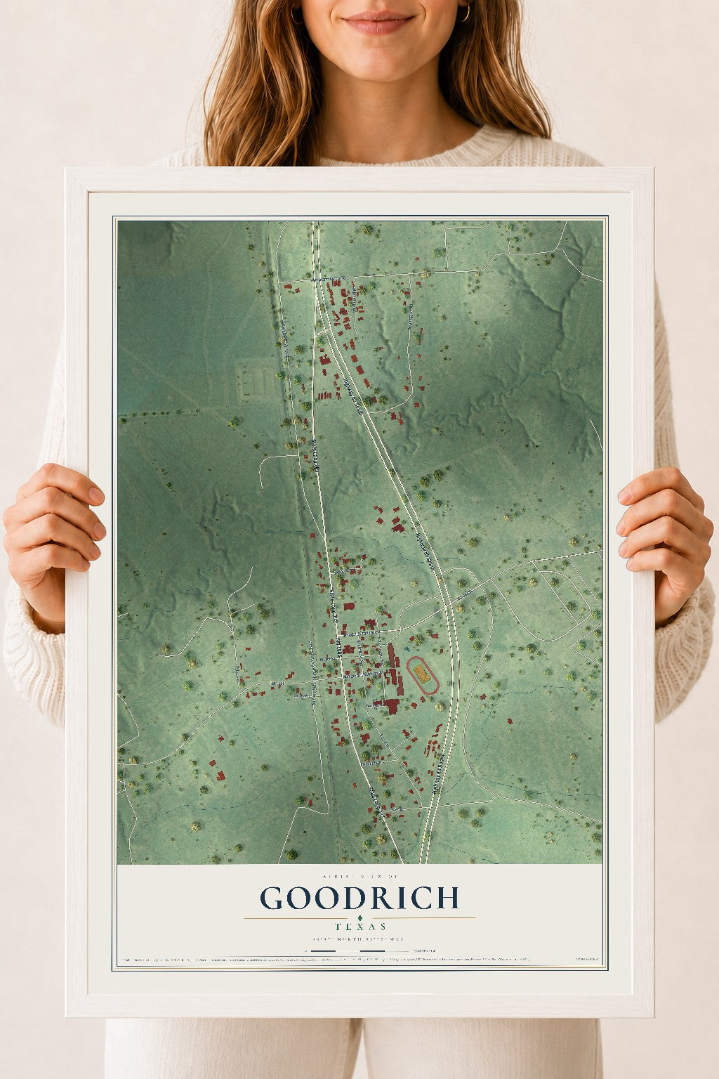 Map of Goodrich, Texas, 18 x 24 inch print in a white wood frame