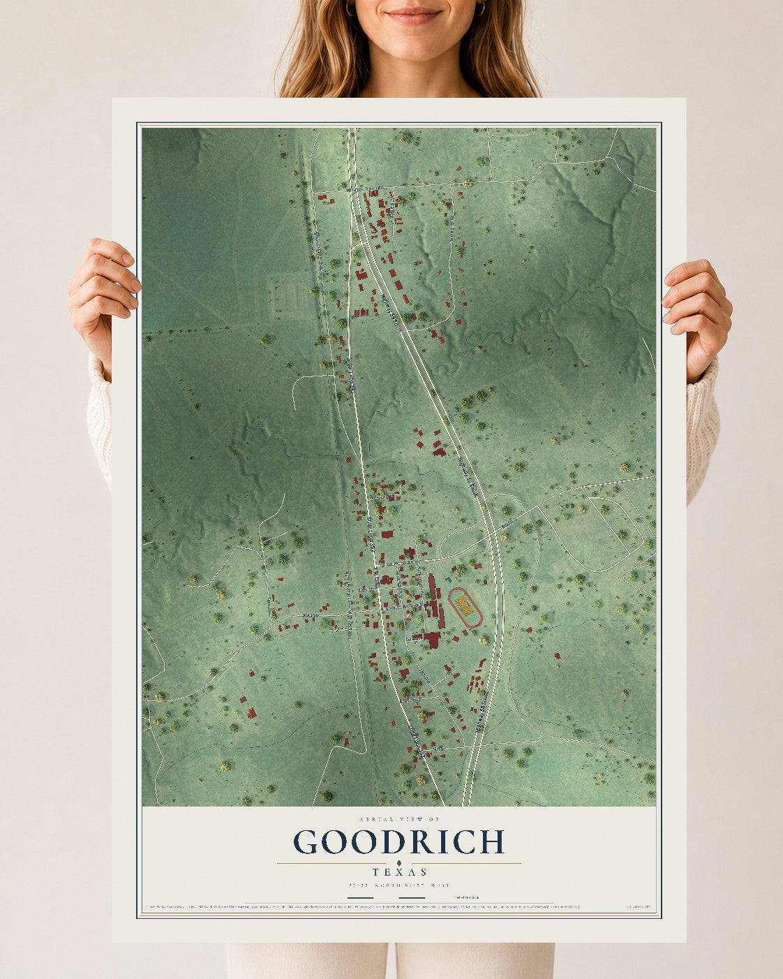 Map of Goodrich, Texas, 24 x 36 inch unframed archival matte print