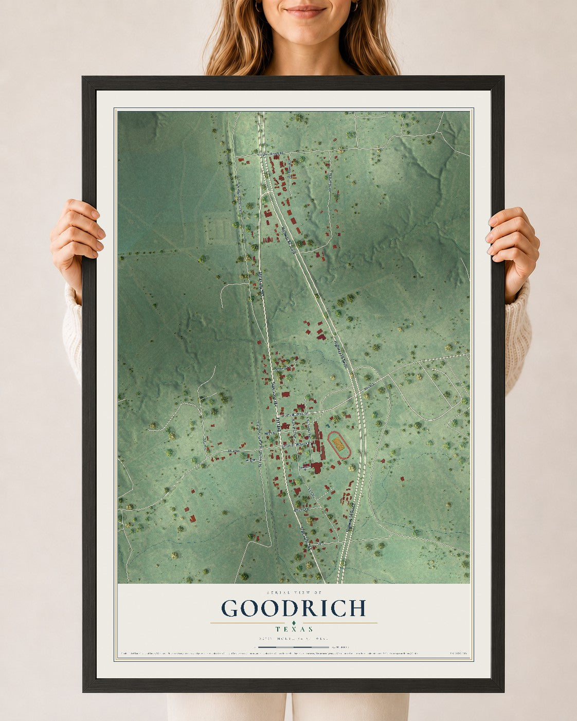 Map of Goodrich, Texas, 24 x 36 inch print in a black wood frame