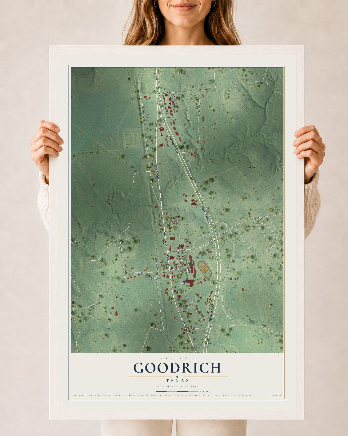 Map of Goodrich, Texas, 24 x 36 inch print in a white wood frame