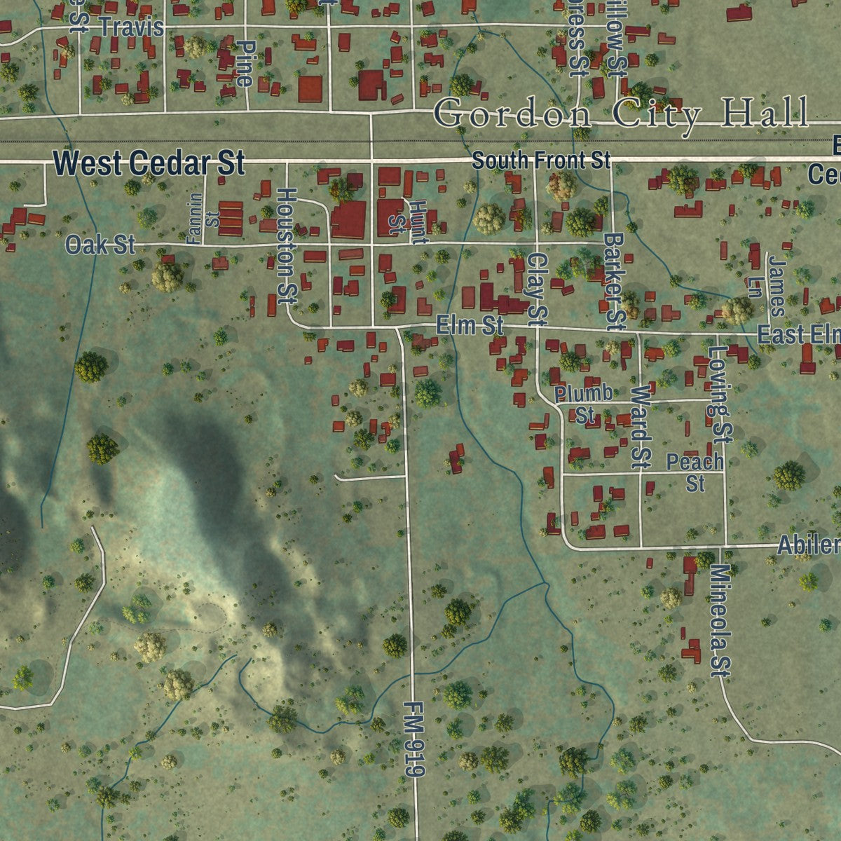 Close-up of the map of Gordon, Texas print showing street and building detail
