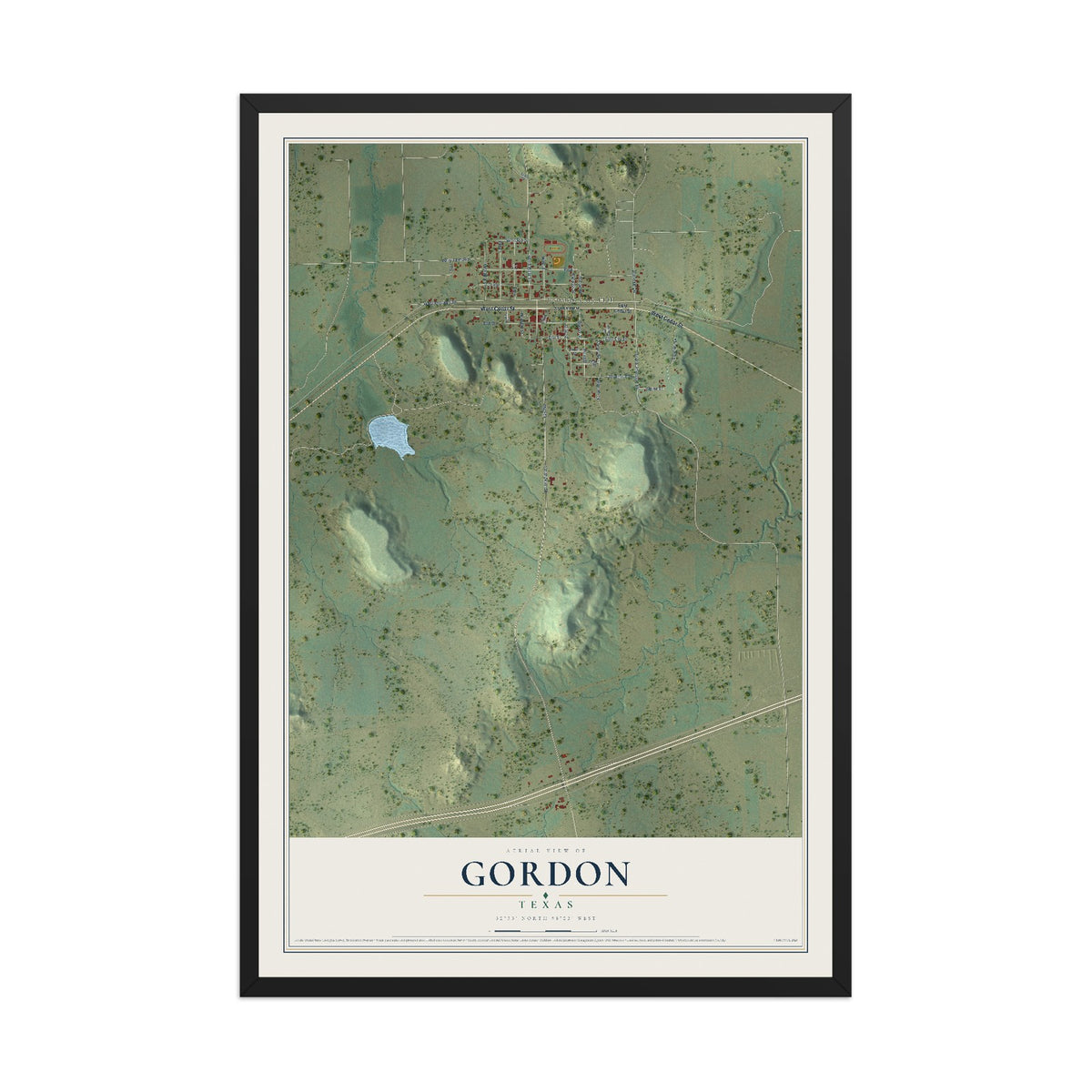 Map of Gordon, Texas, 12 x 18 inch print in a black wood frame