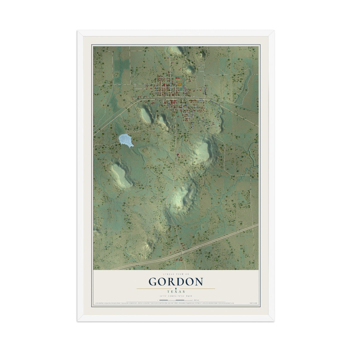 Map of Gordon, Texas, 12 x 18 inch print in a white wood frame