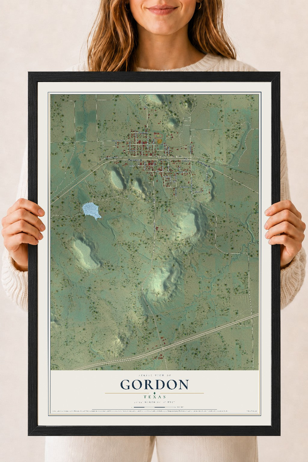 Map of Gordon, Texas, 18 x 24 inch print in a black wood frame