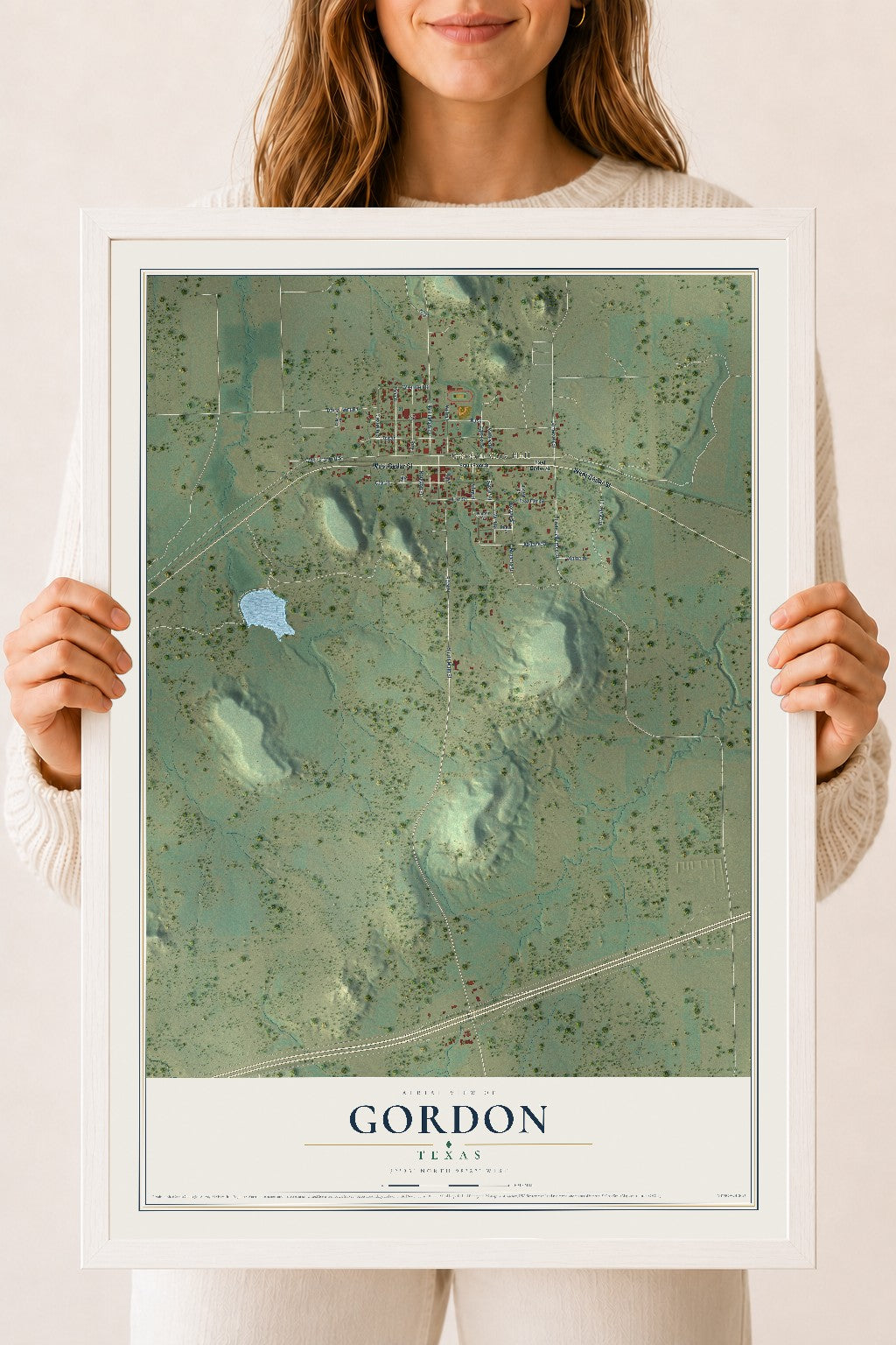 Map of Gordon, Texas, 18 x 24 inch print in a white wood frame