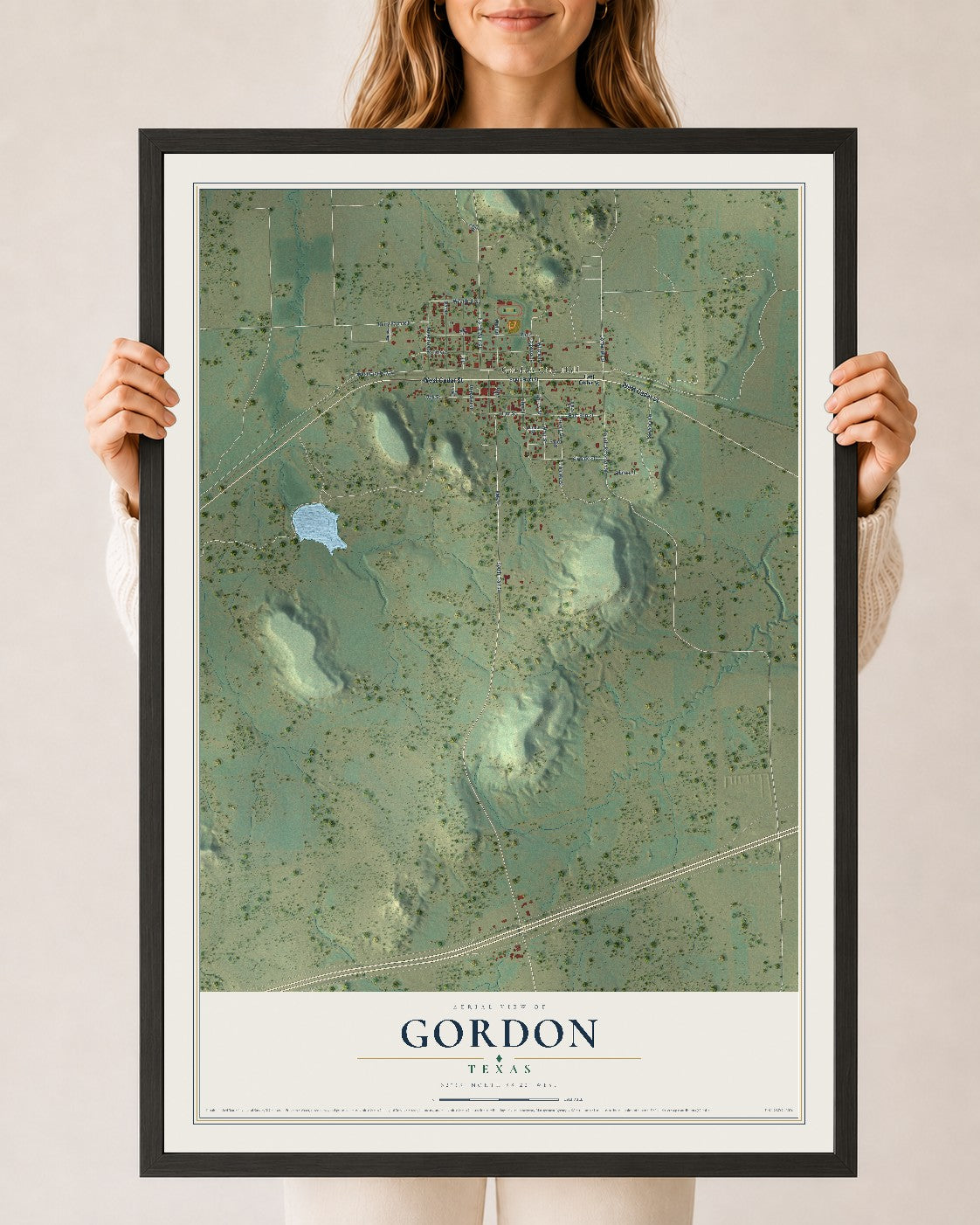 Map of Gordon, Texas, 24 x 36 inch print in a black wood frame