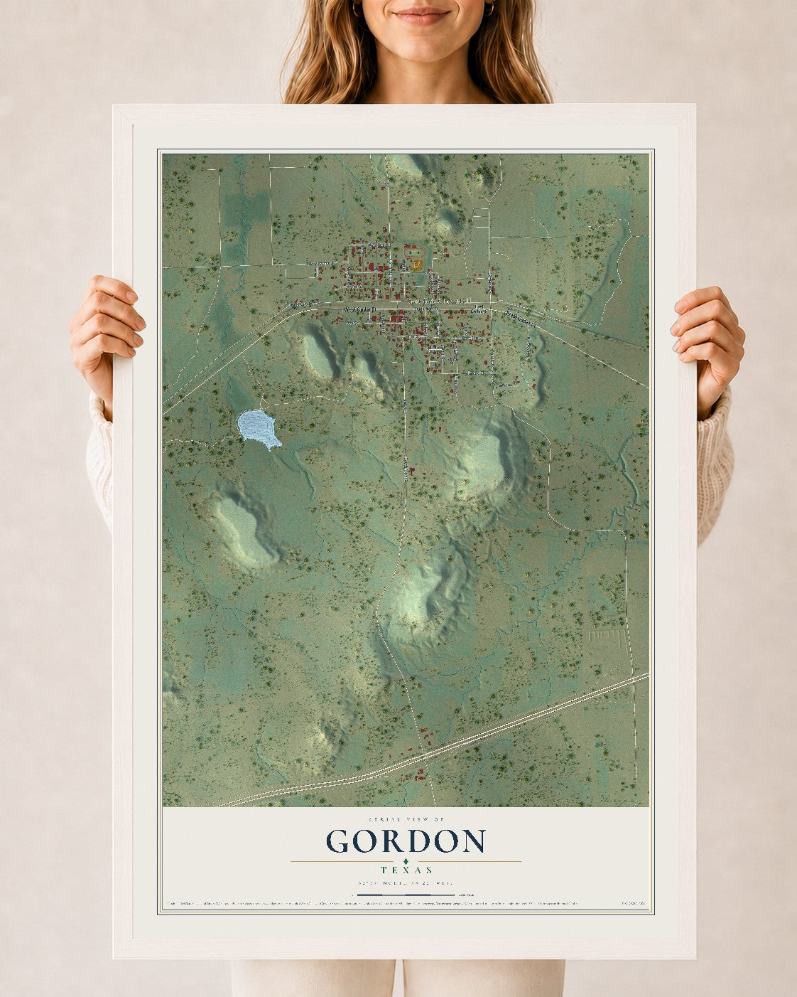 Map of Gordon, Texas, 24 x 36 inch print in a white wood frame