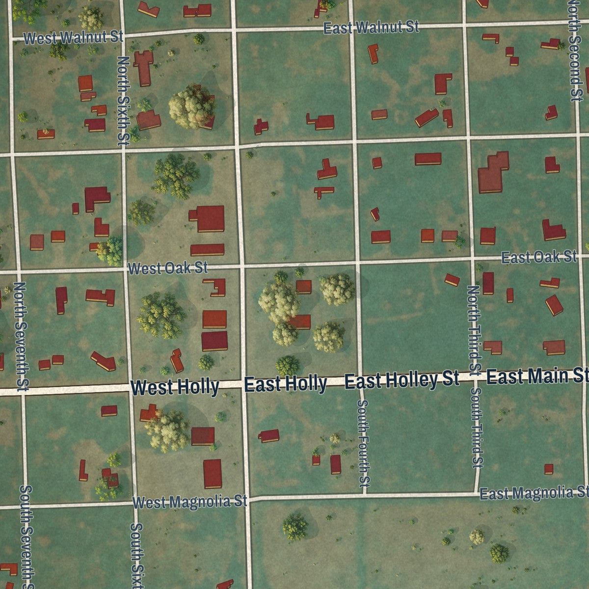 Close-up of the map of Goree, Texas print showing street and building detail