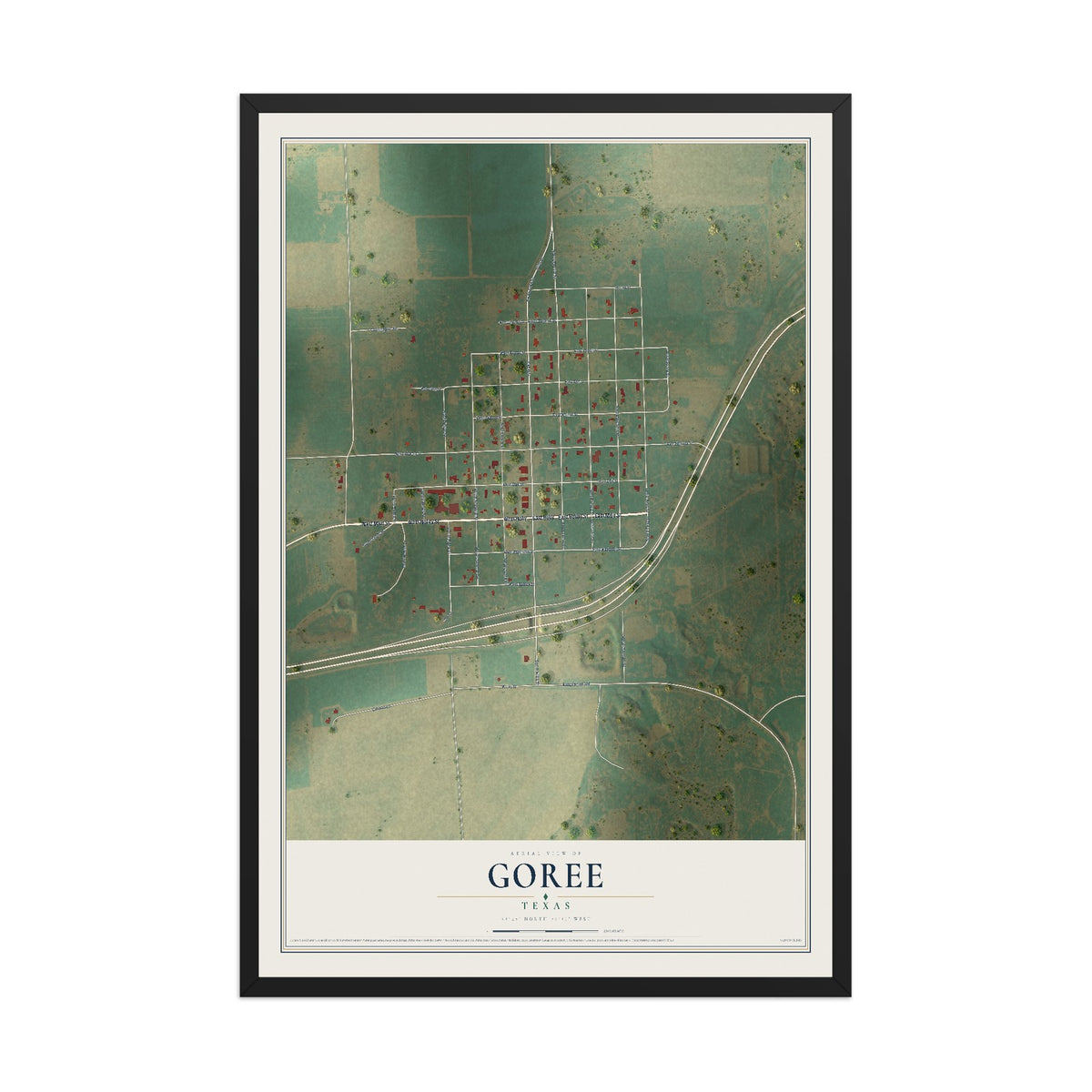 Map of Goree, Texas, 12 x 18 inch print in a black wood frame