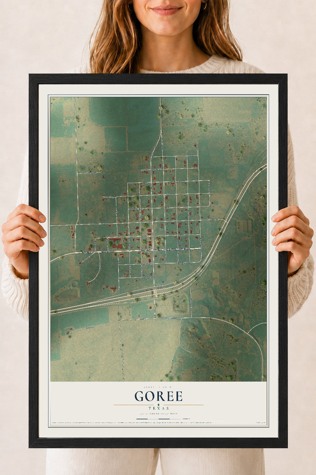 Map of Goree, Texas, 18 x 24 inch print in a black wood frame
