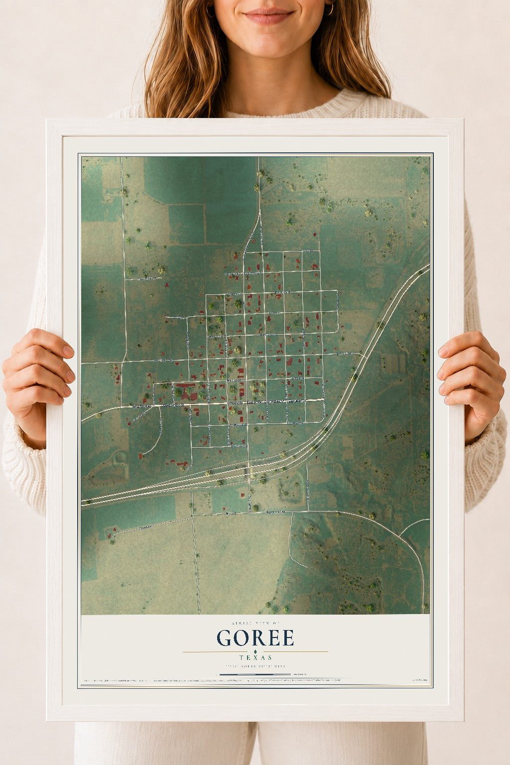 Map of Goree, Texas, 18 x 24 inch print in a white wood frame