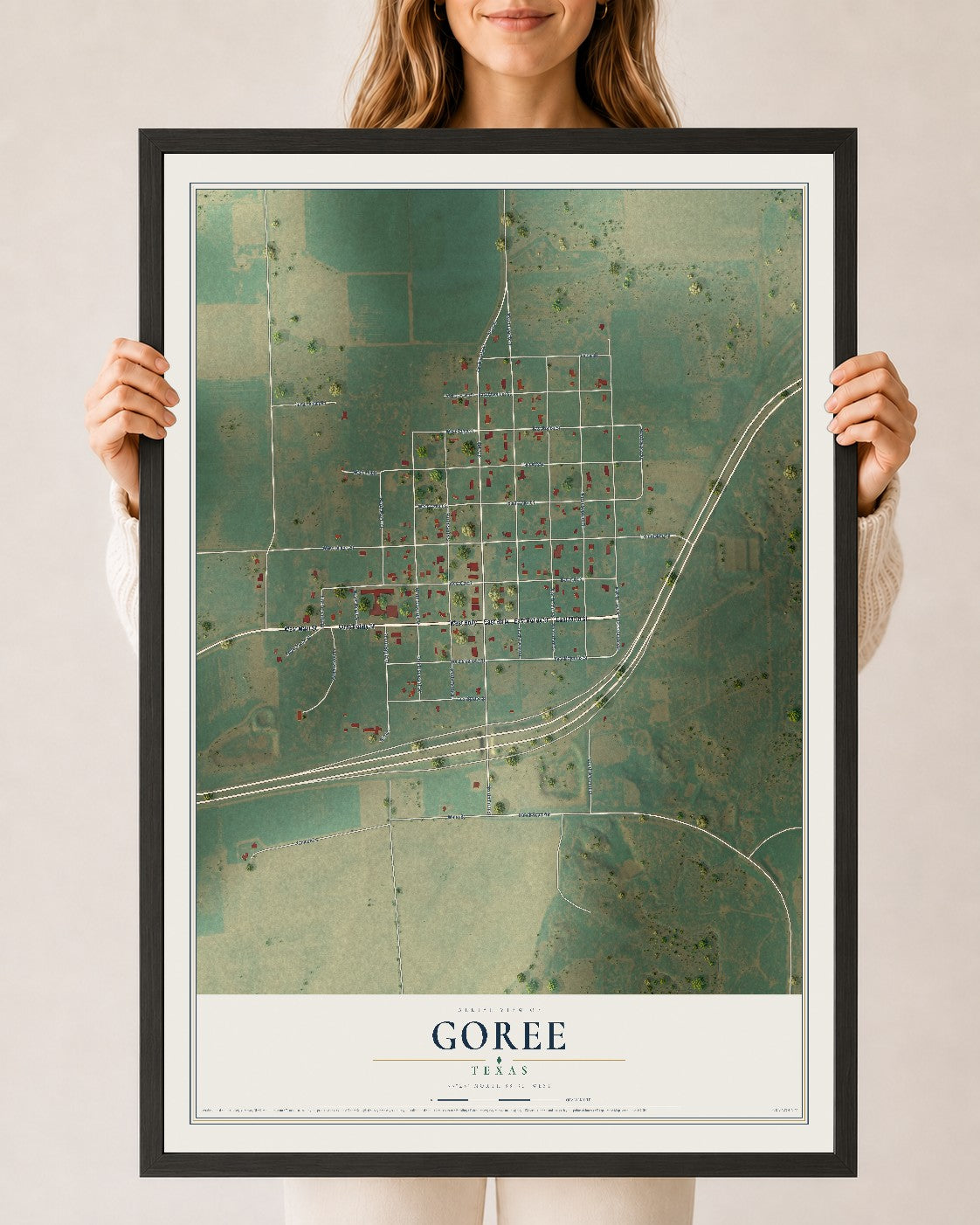 Map of Goree, Texas, 24 x 36 inch print in a black wood frame