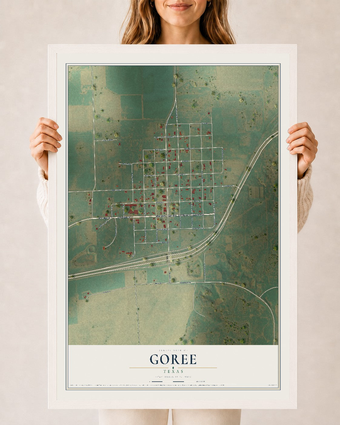 Map of Goree, Texas, 24 x 36 inch print in a white wood frame