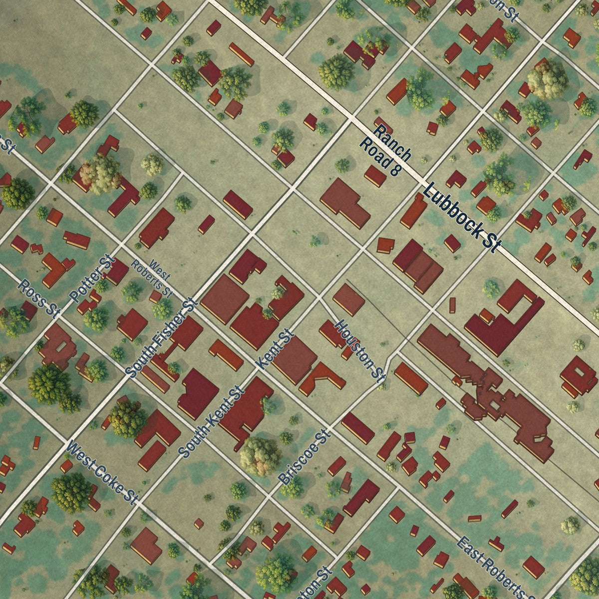 Close-up of the map of Gorman, Texas print showing street and building detail