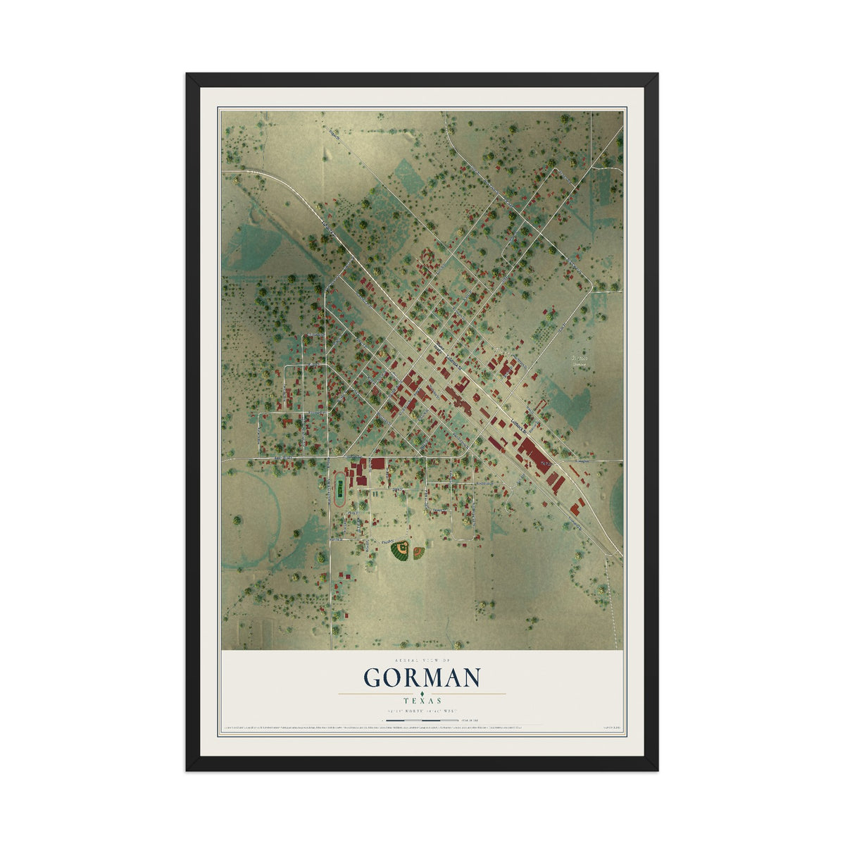 Map of Gorman, Texas, 12 x 18 inch print in a black wood frame