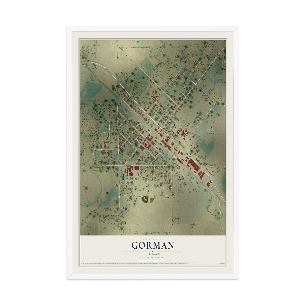 Map of Gorman, Texas, 12 x 18 inch print in a white wood frame