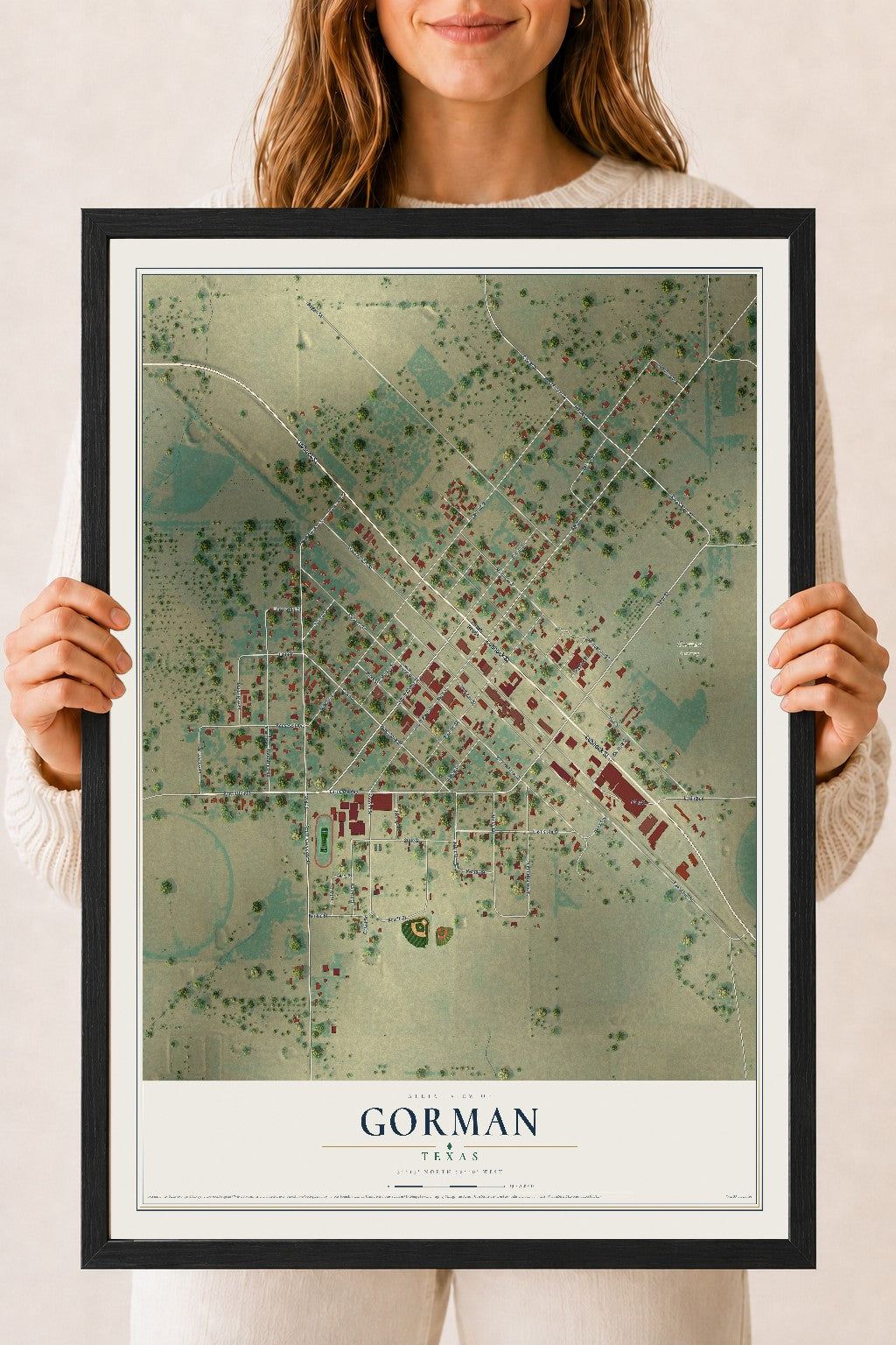 Map of Gorman, Texas, 18 x 24 inch print in a black wood frame