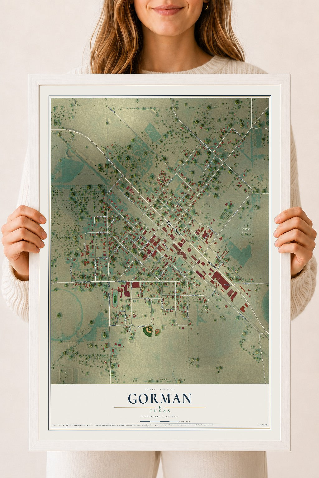 Map of Gorman, Texas, 18 x 24 inch print in a white wood frame