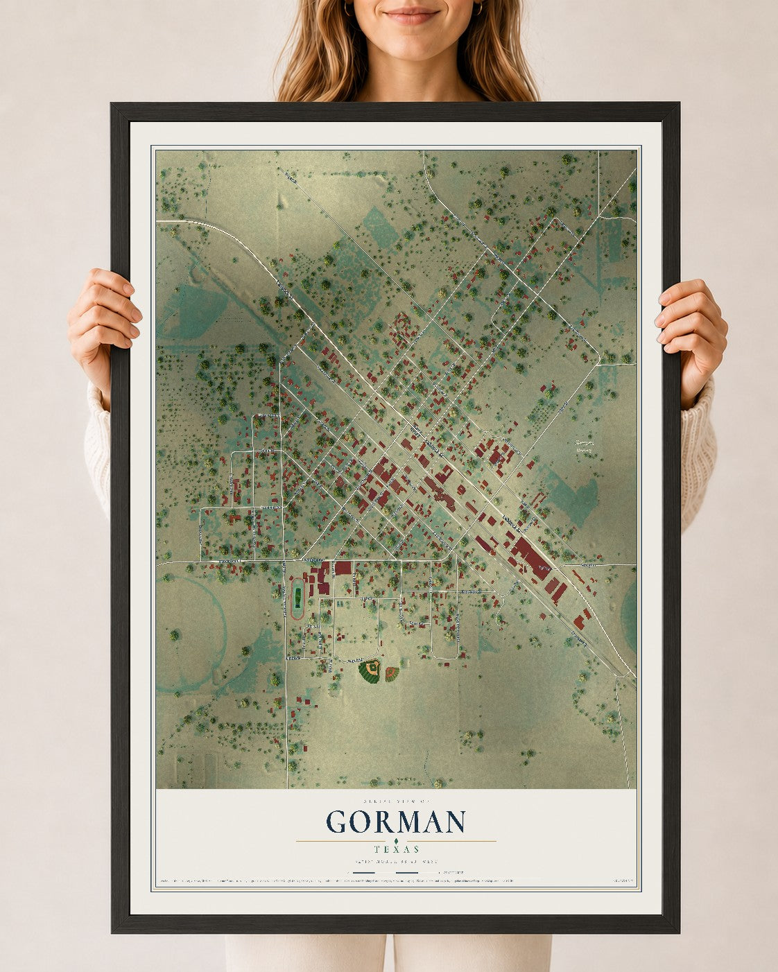 Map of Gorman, Texas, 24 x 36 inch print in a black wood frame
