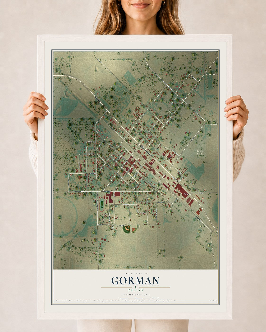 Map of Gorman, Texas, 24 x 36 inch print in a white wood frame