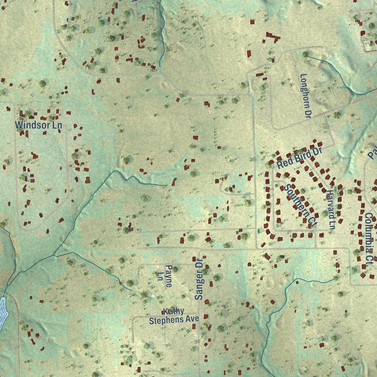 Close-up of the map of Goshen, Texas print showing street and building detail