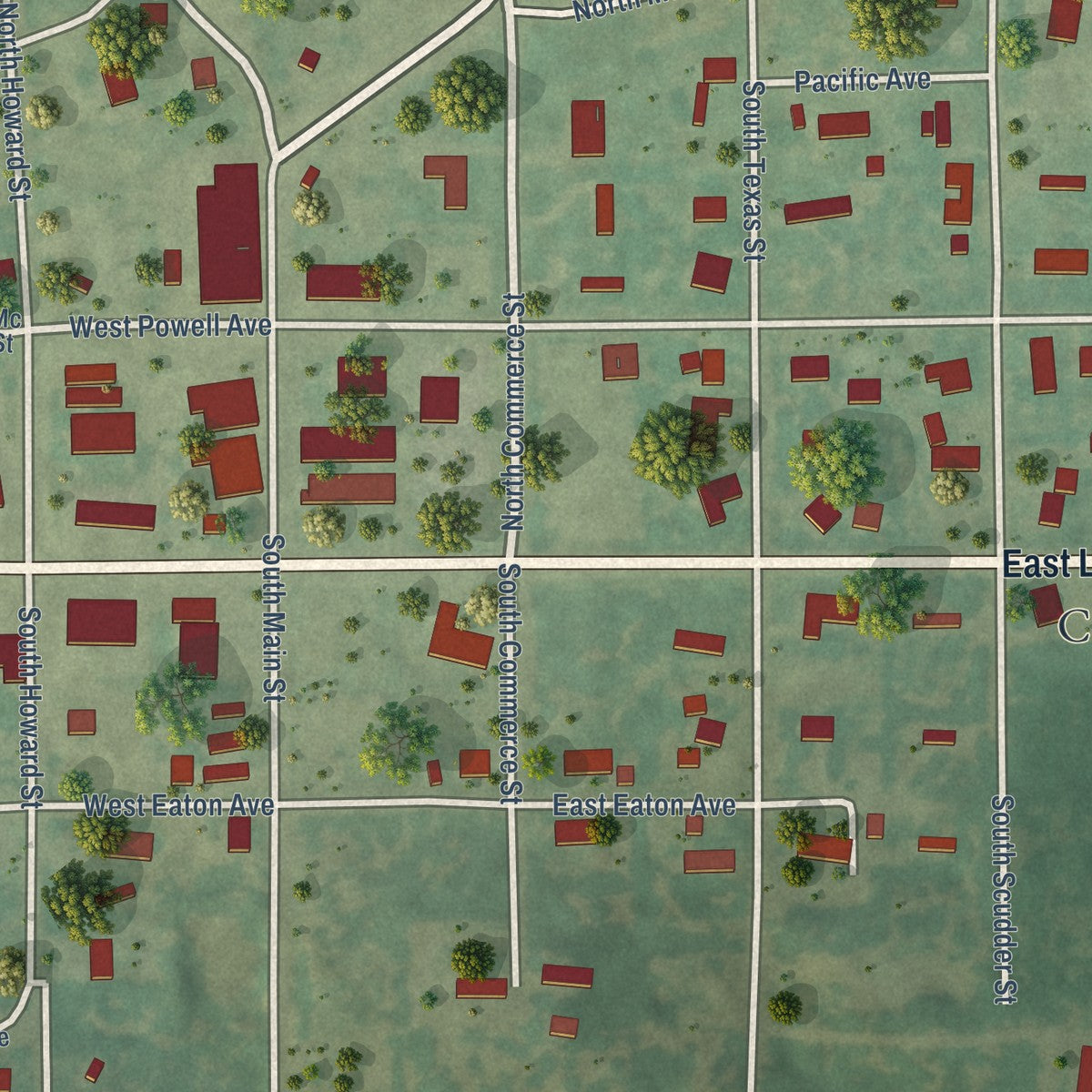 Close-up of the map of Graford, Texas print showing street and building detail
